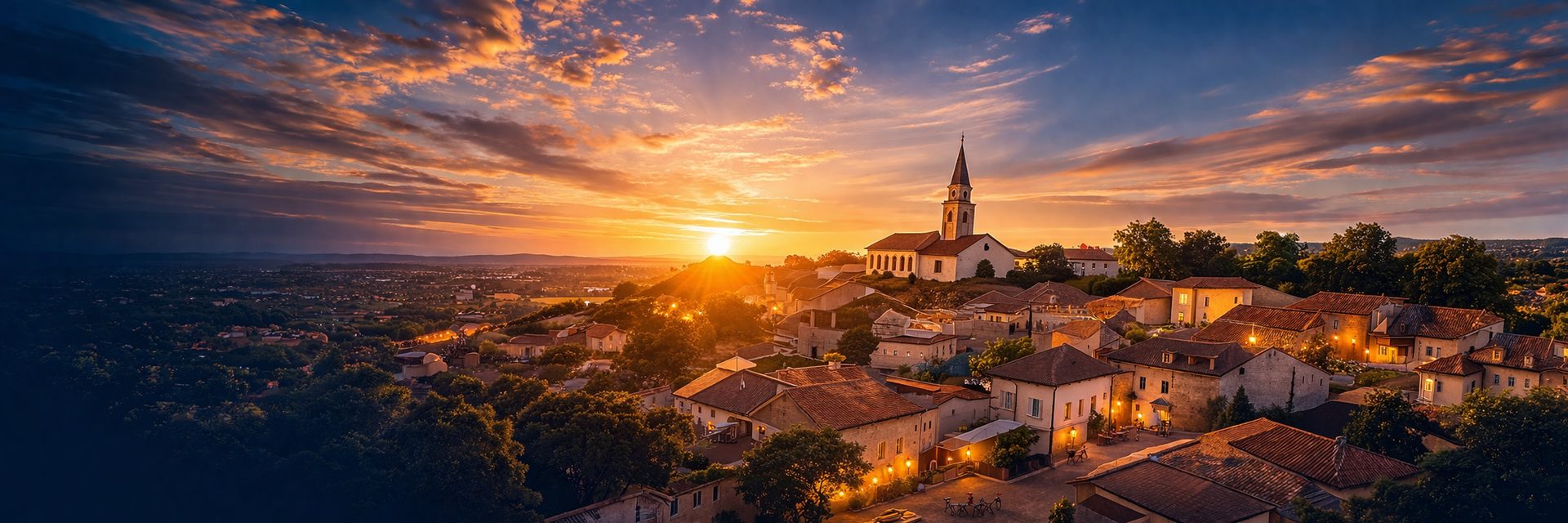 Vue du village de Lapeyrouse-Fossat au coucher du soleil, avec son église emblématique
